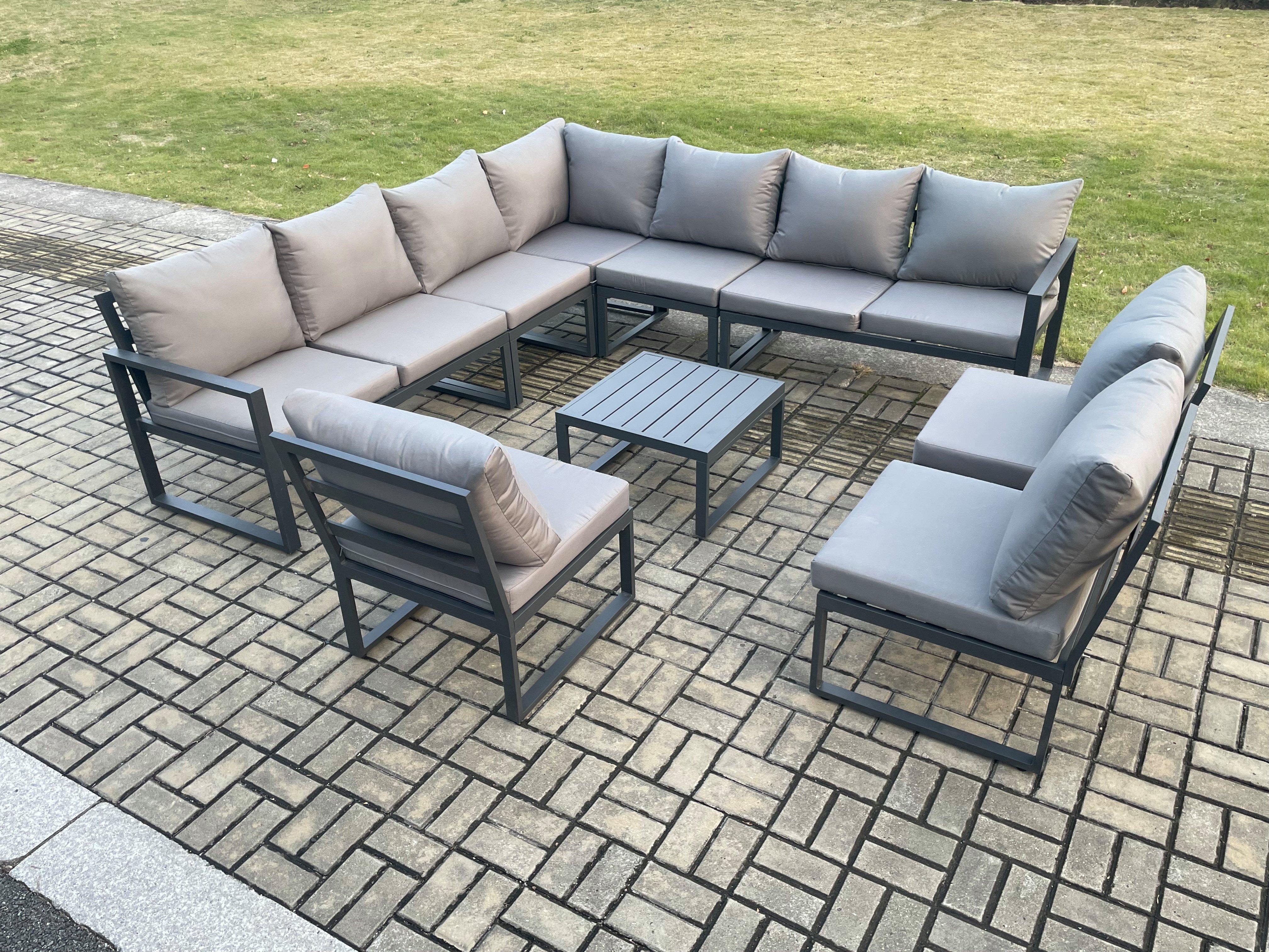 10 Seater Patio Outdoor Garden Furniture Aluminium Lounge Corner Sofa Set with Square Coffee Table D